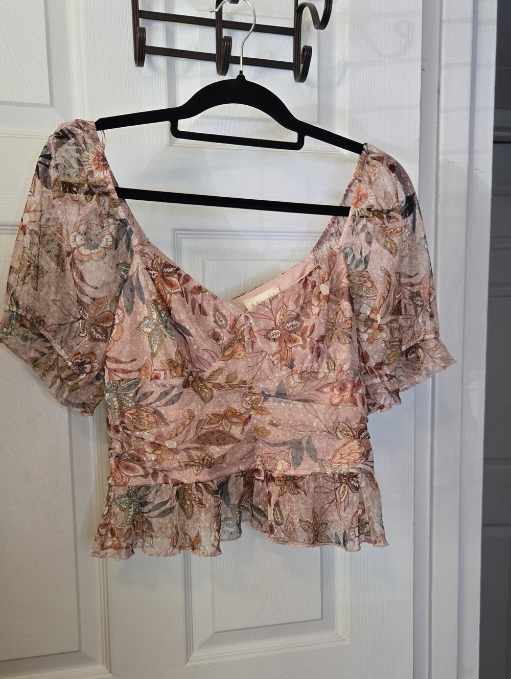 meraki Blush Pink Floral Ruffle V-Neck Blouse